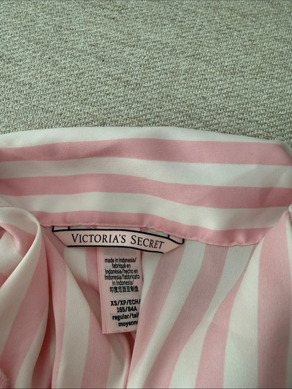 VICTORIA SECRET Striped Pink and White Satin Pajama Set with Black Trim - Picture 2 of 5